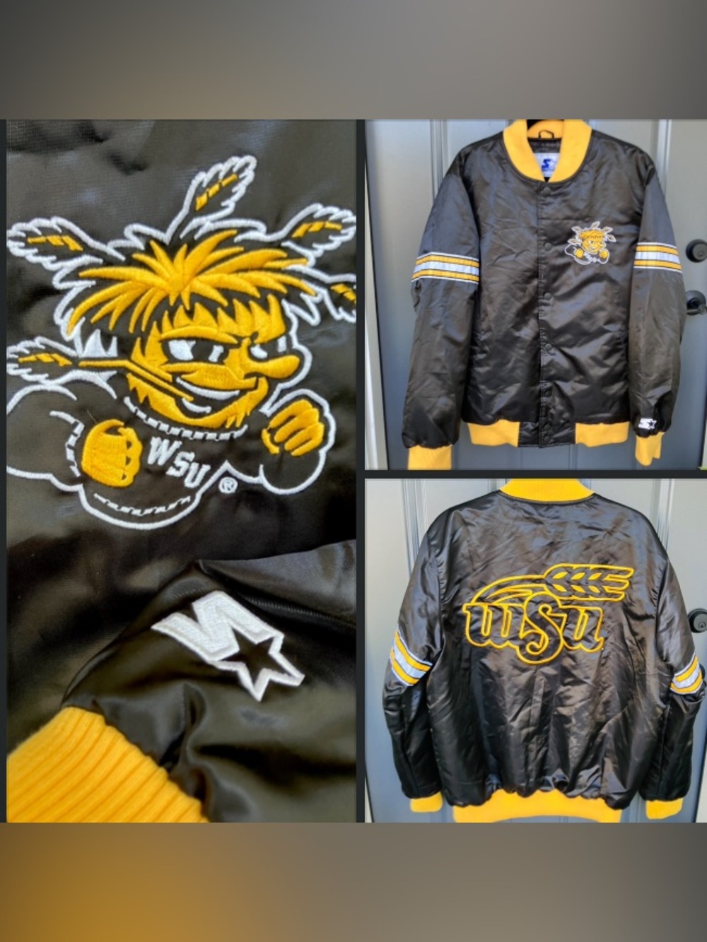Vintage Starter Black Satin Jacket Wichita State Shockers Large NCAA Basketball